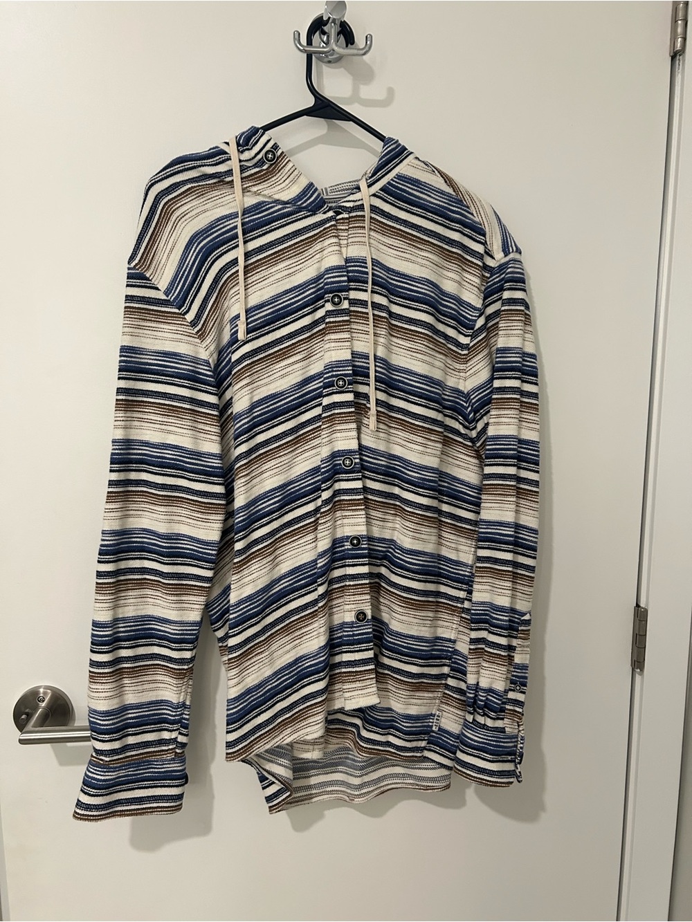 Striped Hooded Button-Up Shirt Jacket in Blue & Brown